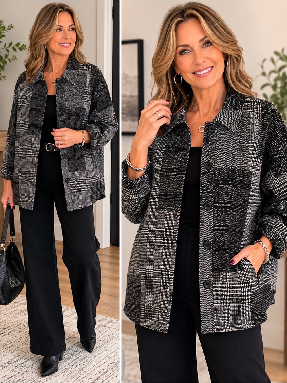 J. Jill Black and Gray Plaid Button-Front Jacket
